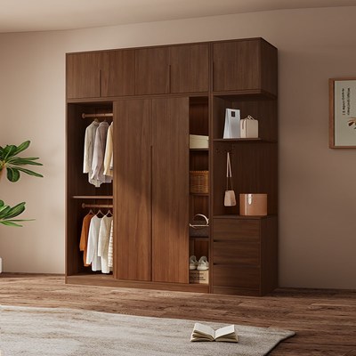 橡木推拉门衣柜家用卧室胡桃色现代简约全实木多功能小户型挂衣柜