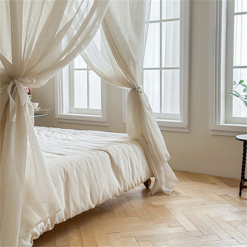 家用U型亚麻遮光蚊帐加密加厚三开门法式公主风卧室民俗防尘床幔