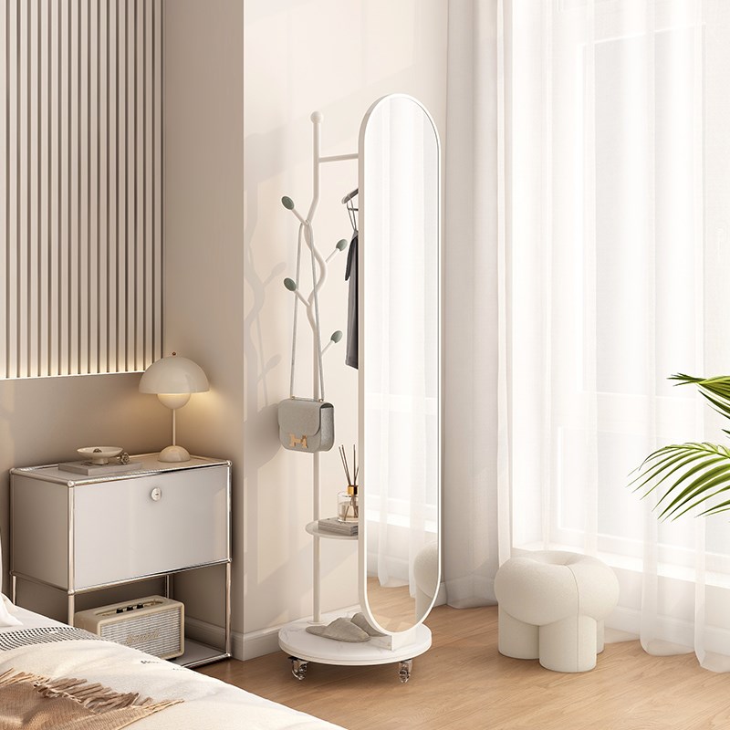 全身镜落地镜子奶油风旋转挂衣架试衣镜家用卧室穿衣镜衣帽架一体