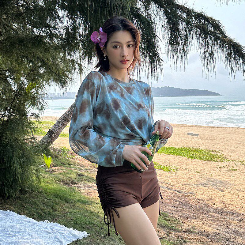 女士泳衣显瘦遮肚分体大码胖mm泡温泉长袖罩衫防晒海边度假三件套