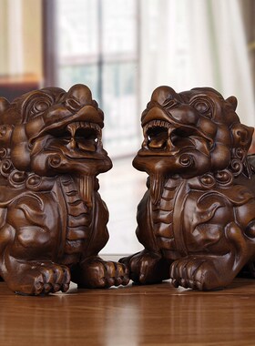 纯实木雕中式古典貔貅摆件一对木质皮丘招财手工艺品玄关客厅摆设