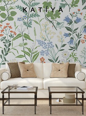 Katiya美式风格花草墙布装饰手绘壁纸电视背景墙卧V室客厅定制壁