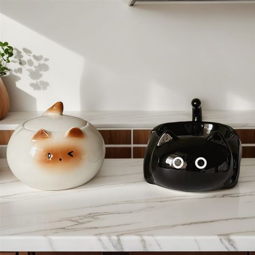 创意可爱暹罗猫陶瓷烟灰缸客厅办公室桌面防飞灰带盖烟缸装饰摆件