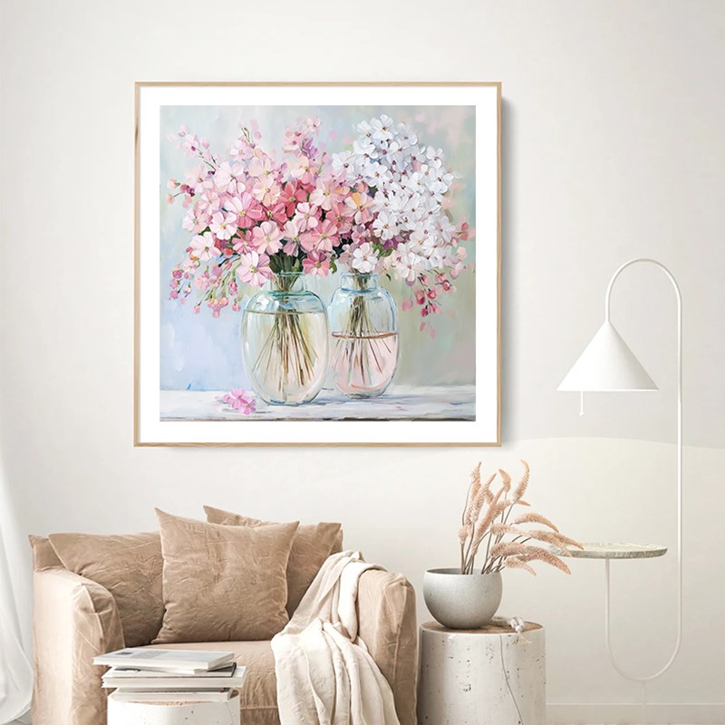 奶油风客厅装饰画正方形花卉餐厅挂画手绘油画北欧原木风玄关挂画图片