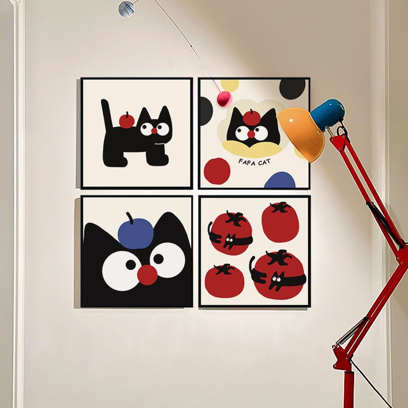多巴胺猫咪客厅装饰画组合卡通背景墙壁画卧室床头挂画玄关摆件画图片