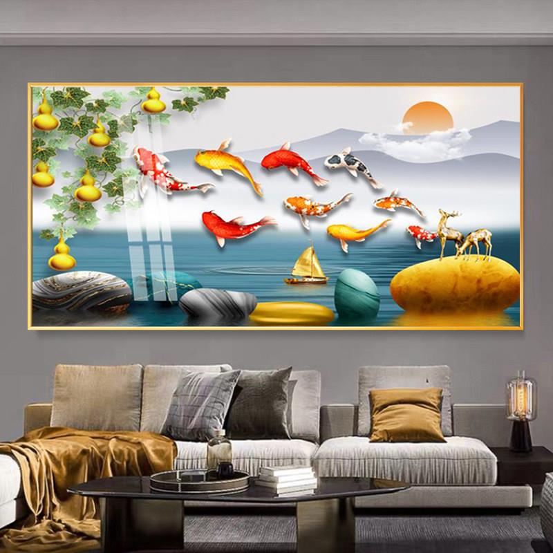 客厅九鱼图挂画简约沙发背景晶瓷镶钻壁画新中式横版葫芦装饰画
