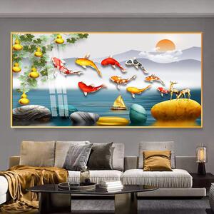 客厅九鱼图挂画简约沙发背景晶瓷镶钻壁画新中式横版葫芦装饰画