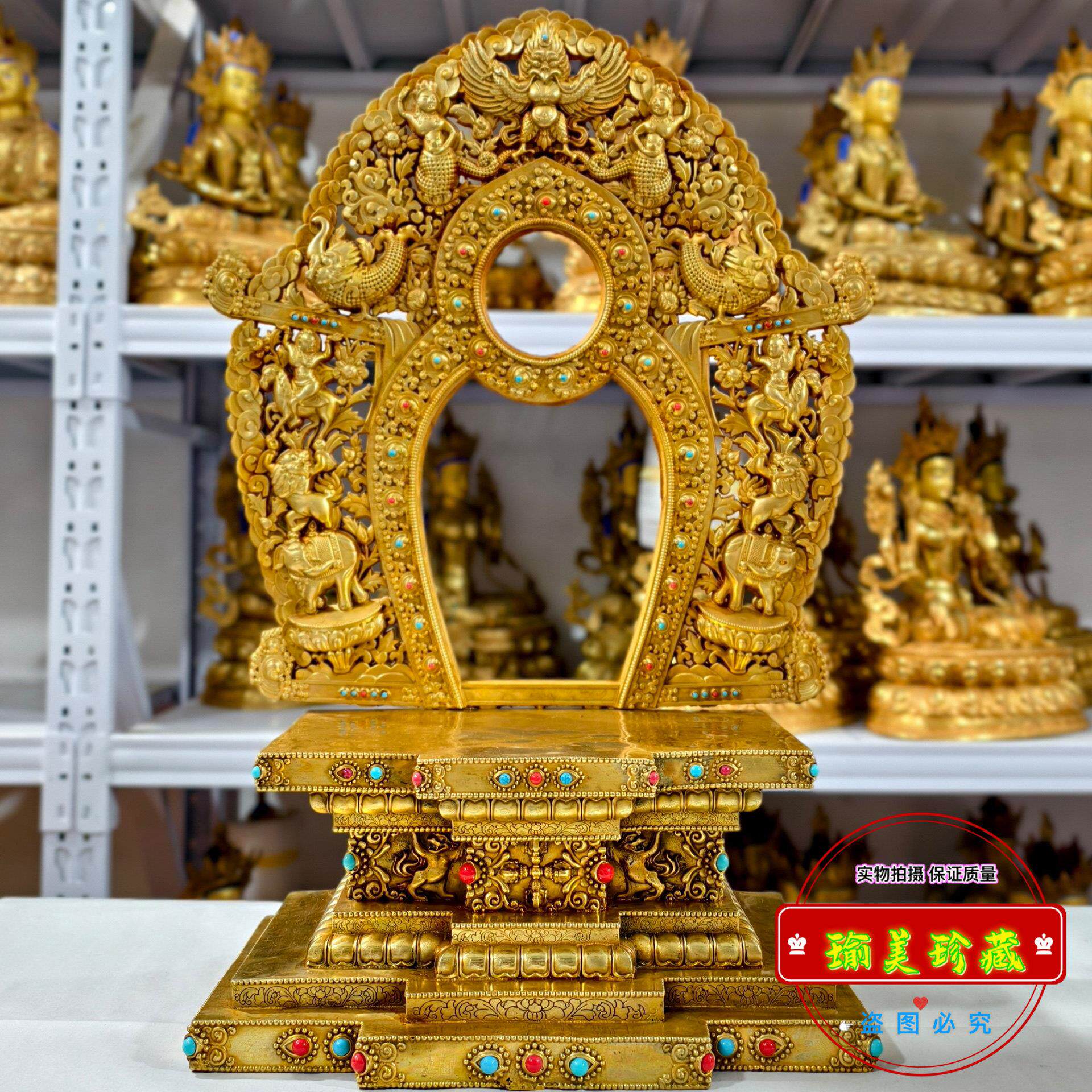 藏传佛像法座10寸佛像金刚底座密宗纯铜鎏金56cm高铜像佛台镶宝石