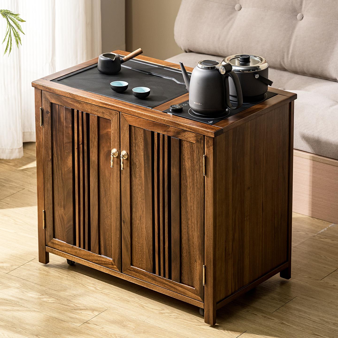 胡桃木实木移动茶水柜烧水壶一体家用客厅阳台小茶桌茶台茶车茶几