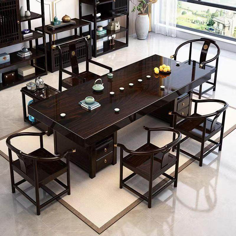 实木大板茶桌椅组合新中式办公室家用干湿茶台黑黄檀木储物泡茶几