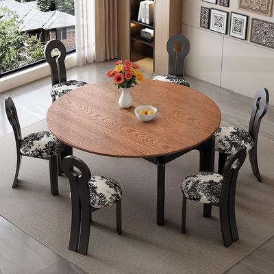 法式中古风全实木伸缩餐桌覆古小户型家用折叠可变圆桌白蜡木饭桌