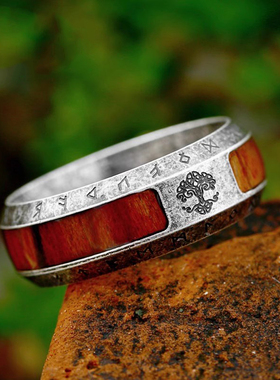 欧美戒指男款单身食指戒小众设计高颜值生命树指环钛钢镶嵌相思木
