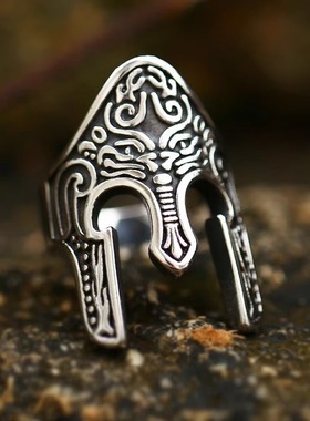 钛钢斯巴达面具戒指男款大号新款个性欧美复古头盔指环男霸气饰品