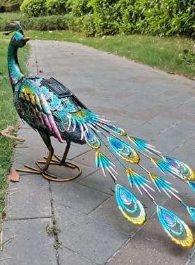 外贸欧美户外庭院别墅动物太阳能灯发光落地花园装饰摆件铁艺孔雀