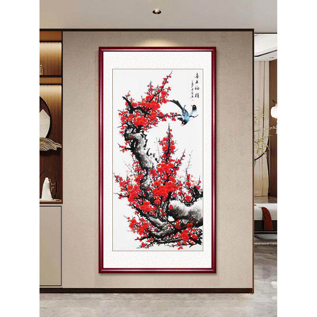 喜上眉梢玄关装饰画手绘国画梅花花鸟画水墨画客厅挂画红梅报春图