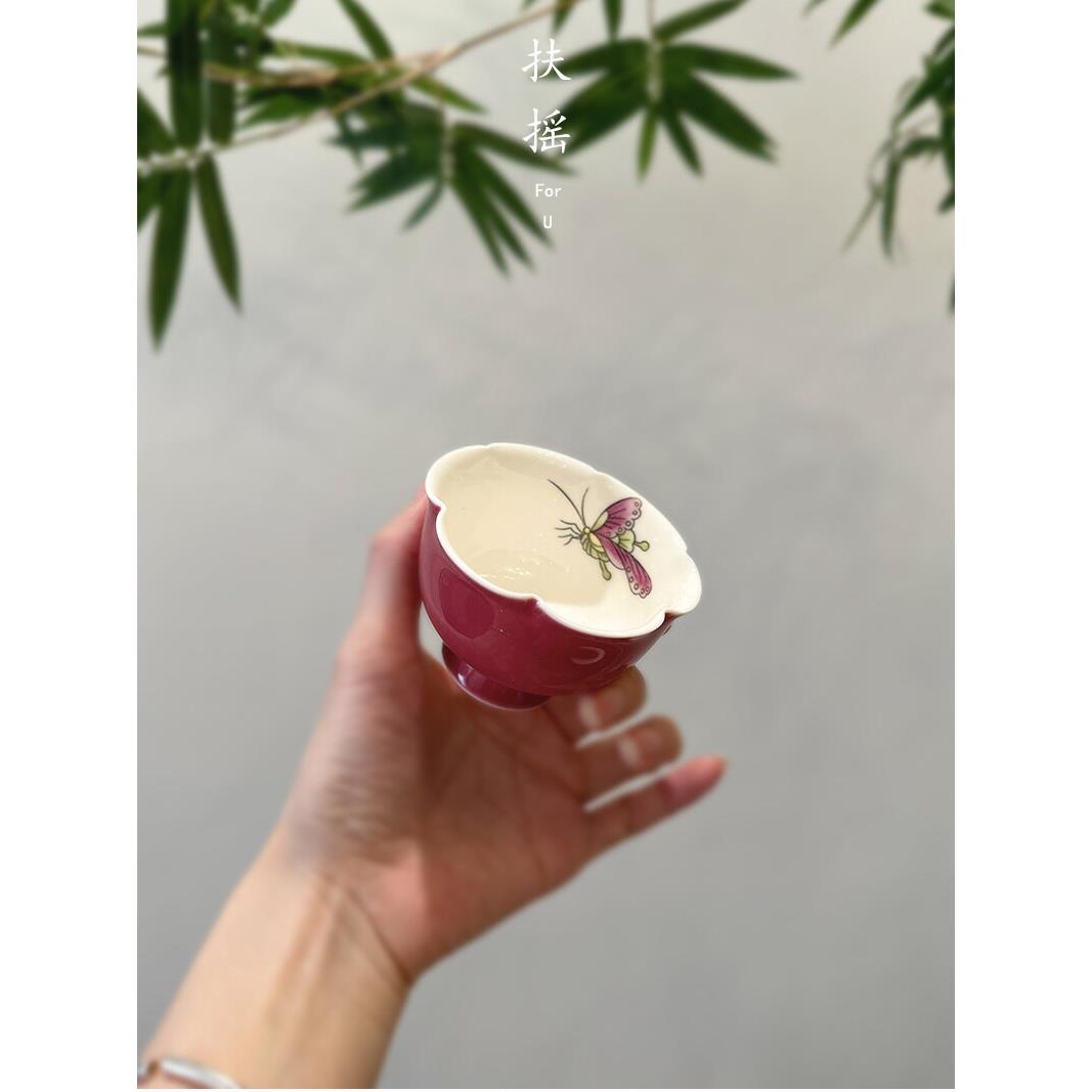 扶摇手绘胭脂红高足杯手工釉上彩陶瓷品茗杯大容量高档花口主人杯