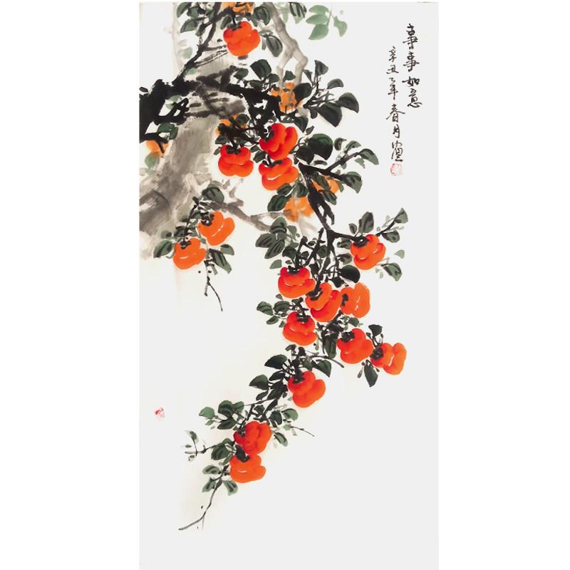 新中式手绘柿子装饰画 国画餐厅墙面 宣纸手绘真迹挂画