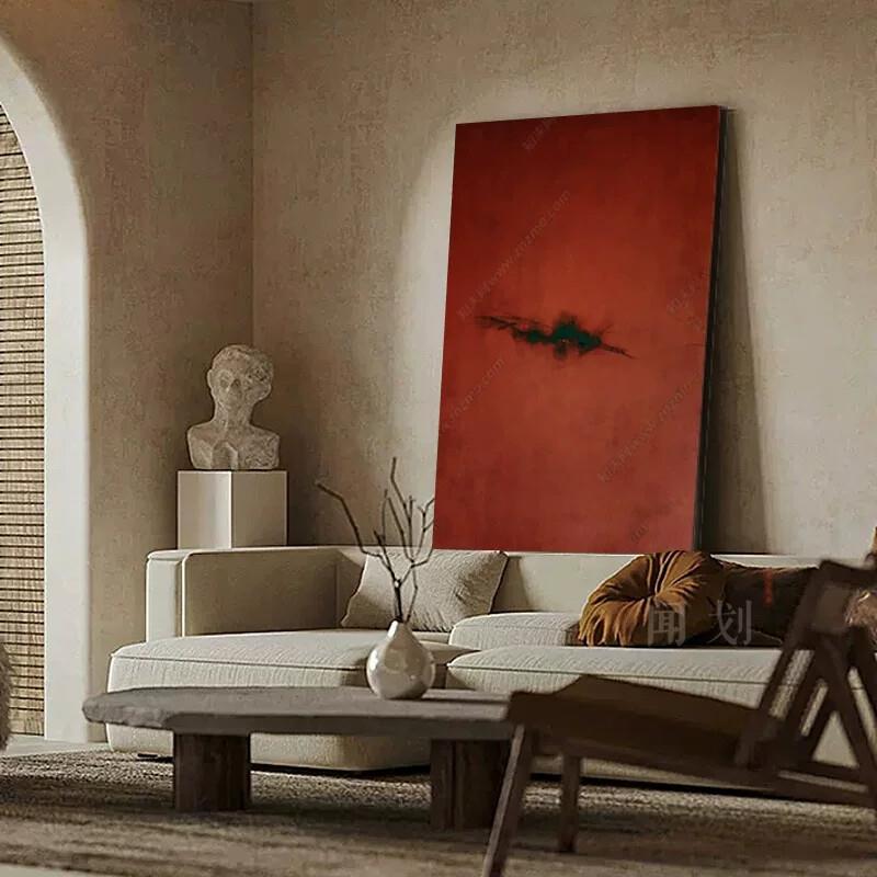 侘寂中古竖版挂画宋式美学中式装饰画客厅玄关红色抽象背景墙壁画