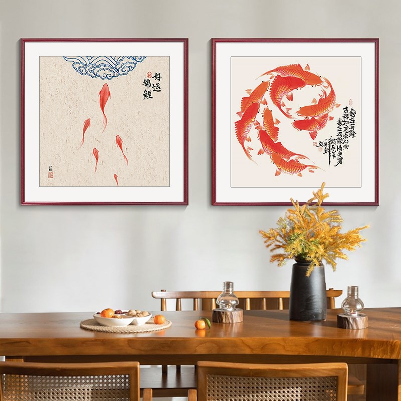 新中式九鱼图餐厅小清新正方形入户玄关装饰画客厅背景墙走廊挂画图片