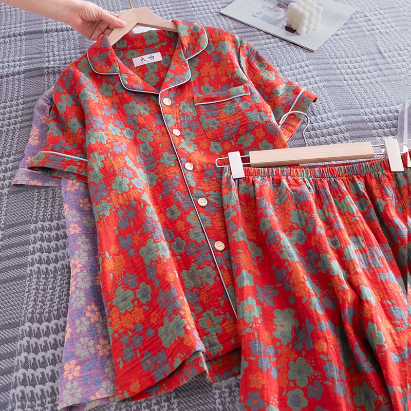 纯棉双层棉纱中式居家服女士 夏季薄款短袖长裤宽松版家居服睡衣