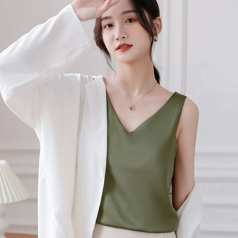 真丝V领吊带背心女2024新款内搭醋酸缎面配西装夏季桑蚕丝上衣女