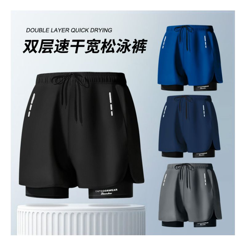 爆款泳裤运动裤双层男士跑步运动健身防尴尬宽松沙滩裤游泳裤