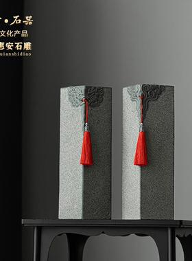 尚古石器 原创新中式青石祥云兽头柱 家居装饰品 茶空间桌面摆件