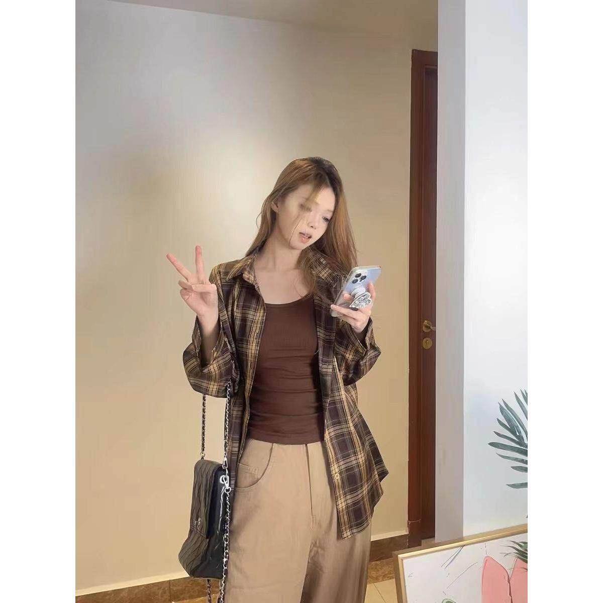 韩式覆古长袖格子衬衫外套女春秋季设计感小众宽松百搭翻领衬衣潮