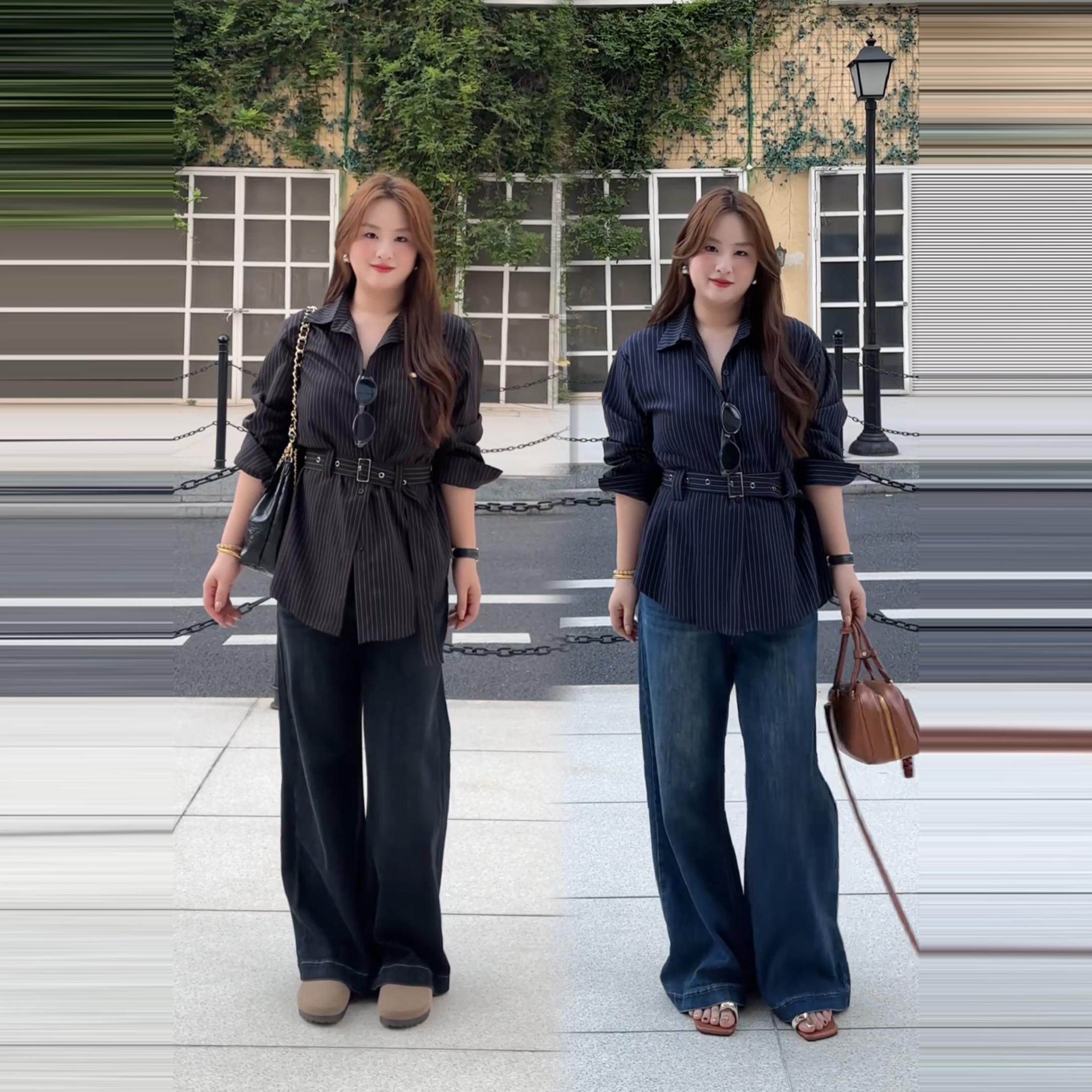 大码覆古小众条纹长袖衬衫女秋季胖mm显瘦系带收腰高级感开衫上衣