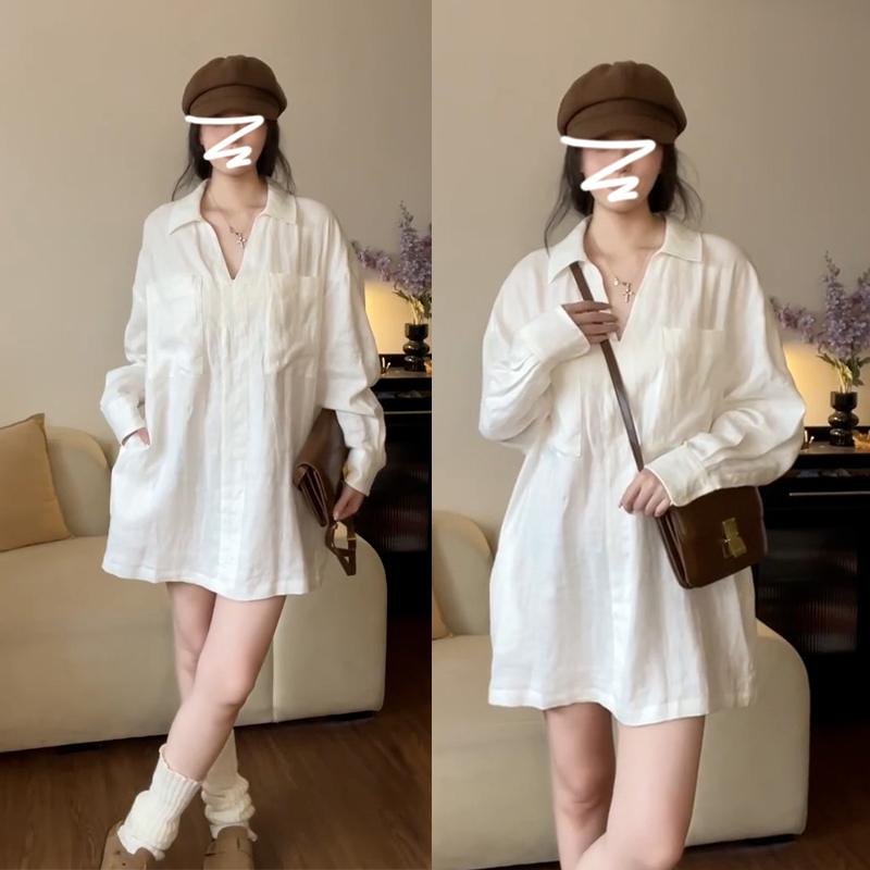 女装2025新款法式高级白色长袖衬衫连衣裙子女秋冬小个子气质v领