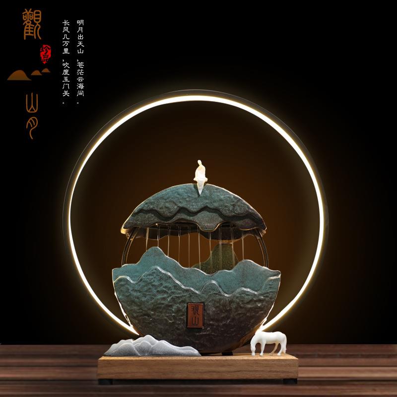 桌面创意灯圈流水摆件客厅玄关电视柜装饰风水招财新中式家居饰品