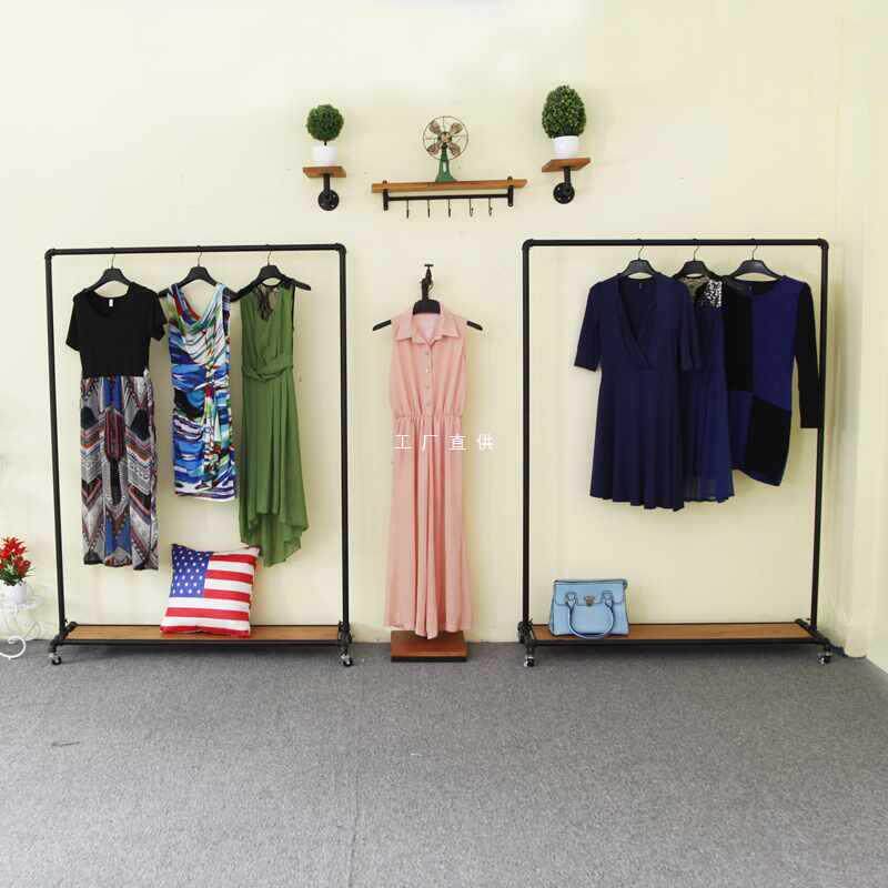 ft可定 制美式铁艺实木复古做旧服装店展示水管龙门落地挂衣帽架