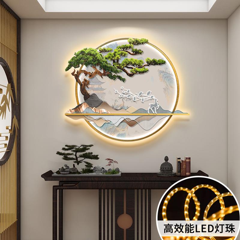迎客松入户玄关装饰画LED氛围灯画新中式进门玄关柜挂画高级壁画