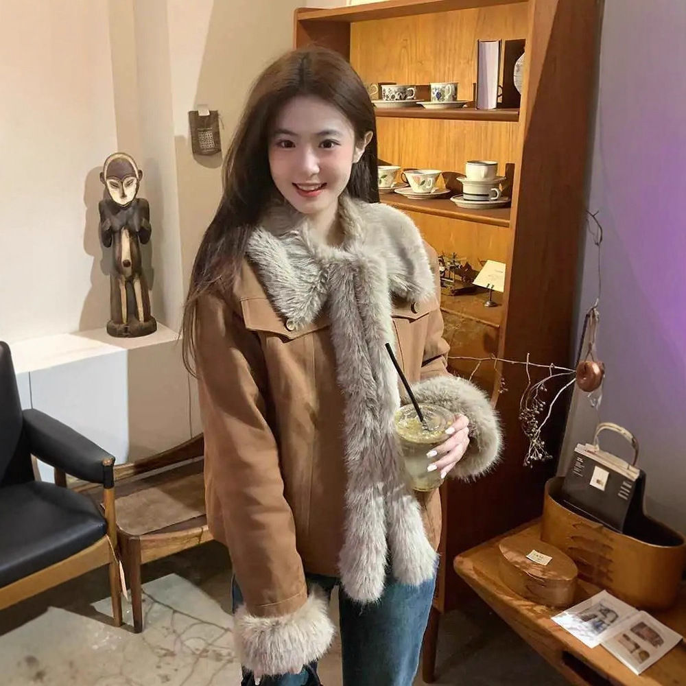 美拉德穿搭棕色毛毛拼接翻领外套女款秋冬季加厚加绒保暖夹克上衣