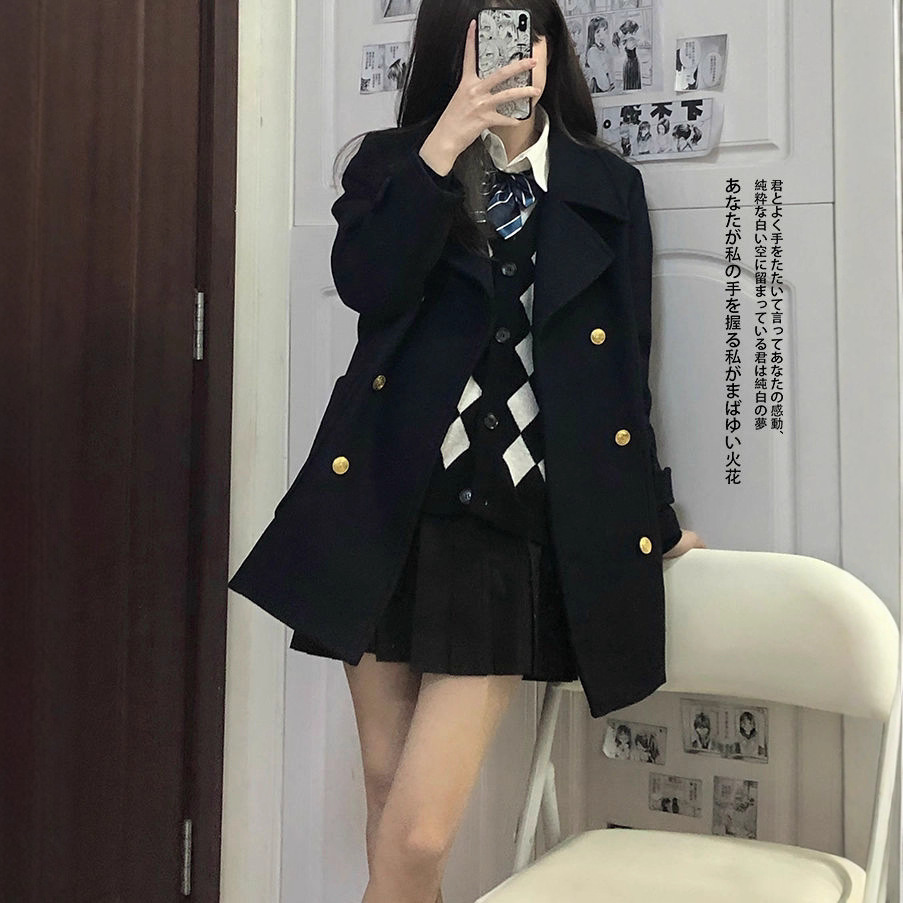 JK制服校供感黑色毛呢外套女秋冬新款赫本风小个子中长款呢子大衣