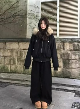 美式复古黑色座山雕外套女款秋冬派克服加绒加厚国潮短款夹克棉服