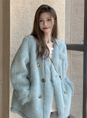 冬季温柔慵懒风小香风加绒加厚水貂绒蓝色外套女秋冬韩系时尚