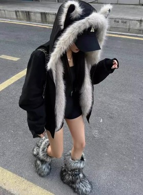 黑色甜酷猫耳朵座山雕外套女2025冬季新款夹棉加厚连帽设计感棉衣