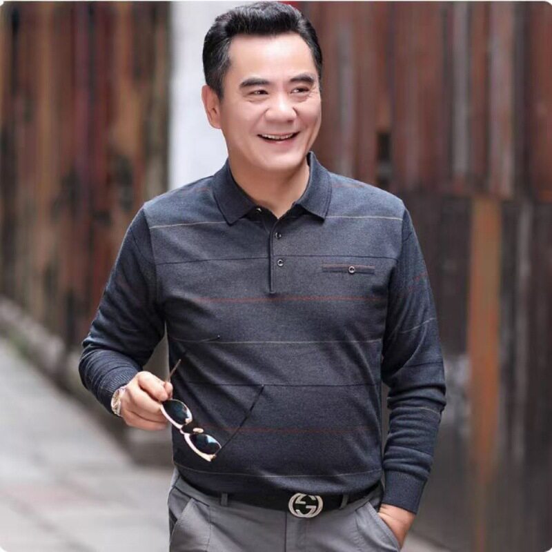 春秋中老年长袖男士T恤爸爸休闲针织体恤老人宽松上衣父亲打底衫