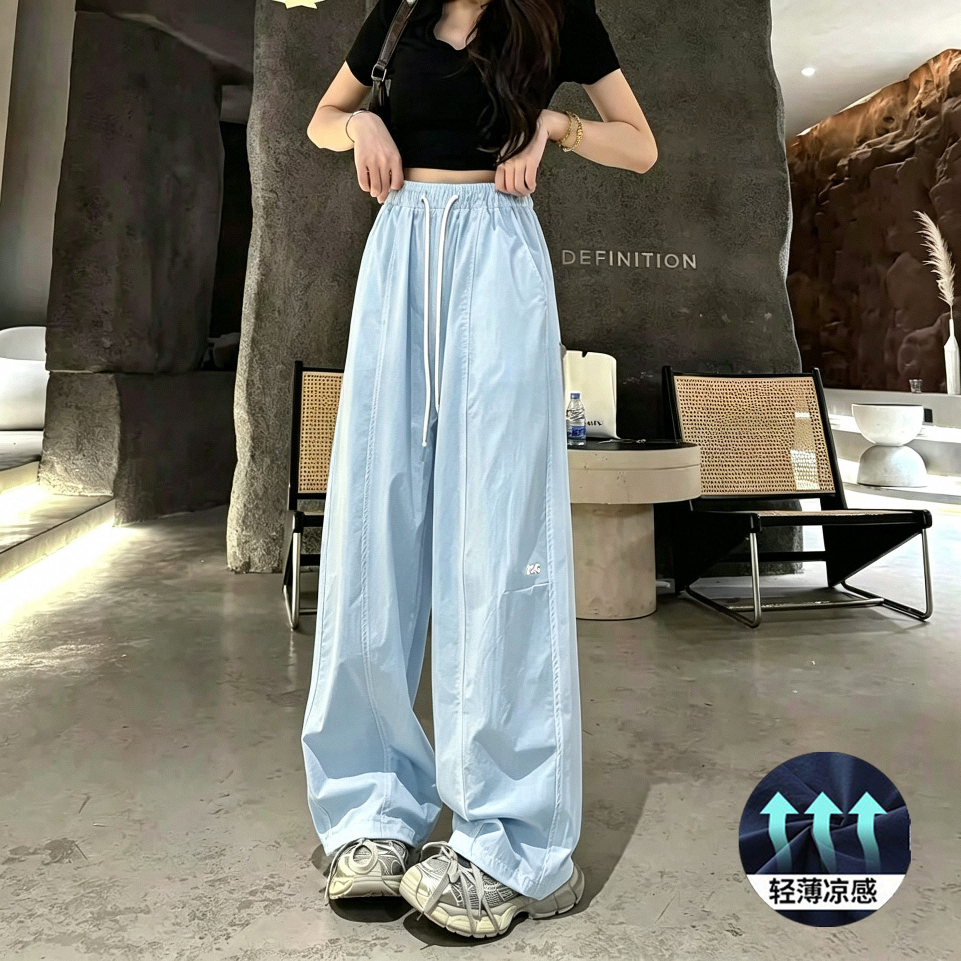 女童夏季新款高腰刺绣休闲裤初中生裤子纯色松紧腰百搭时尚弯刀裤