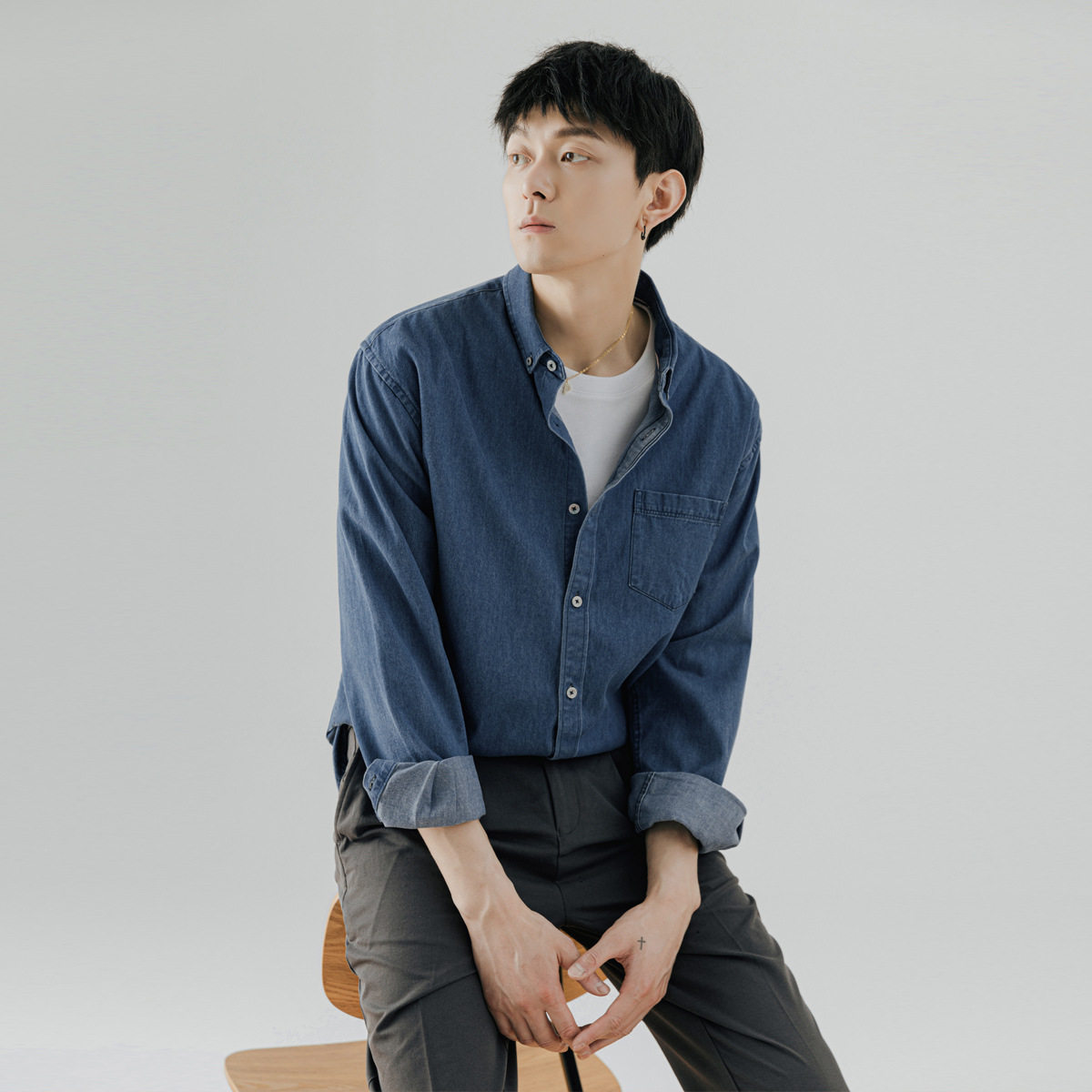 男装牛仔长袖衬衫男青年春秋韩版潮流休闲纯色工装衬衣外套男