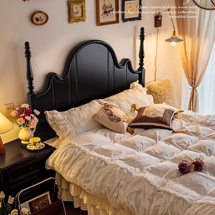 法m式复古实木床床黑色15双人床.现代简约储物轻黑色XHZ6奢美式床