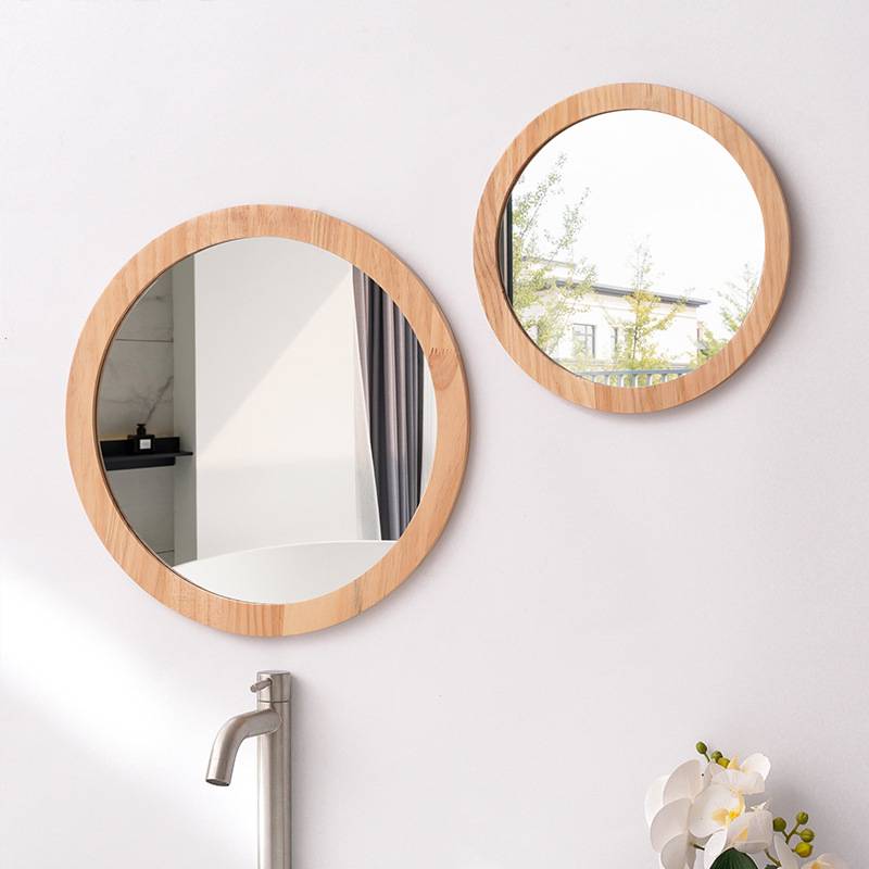 简约儿童浴室洗漱台壁挂梳妆镜幼儿园卫生间实木贴墙圆小化妆镜子