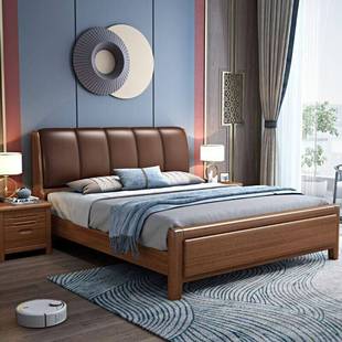 中式 桃实床现代木简约1双.5米1木.8米人床收纳高箱储物实 胡2036