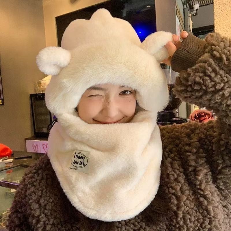 帽子女秋冬季电动车套头帽骑车防风防寒保暖雷锋帽毛绒围巾一体帽