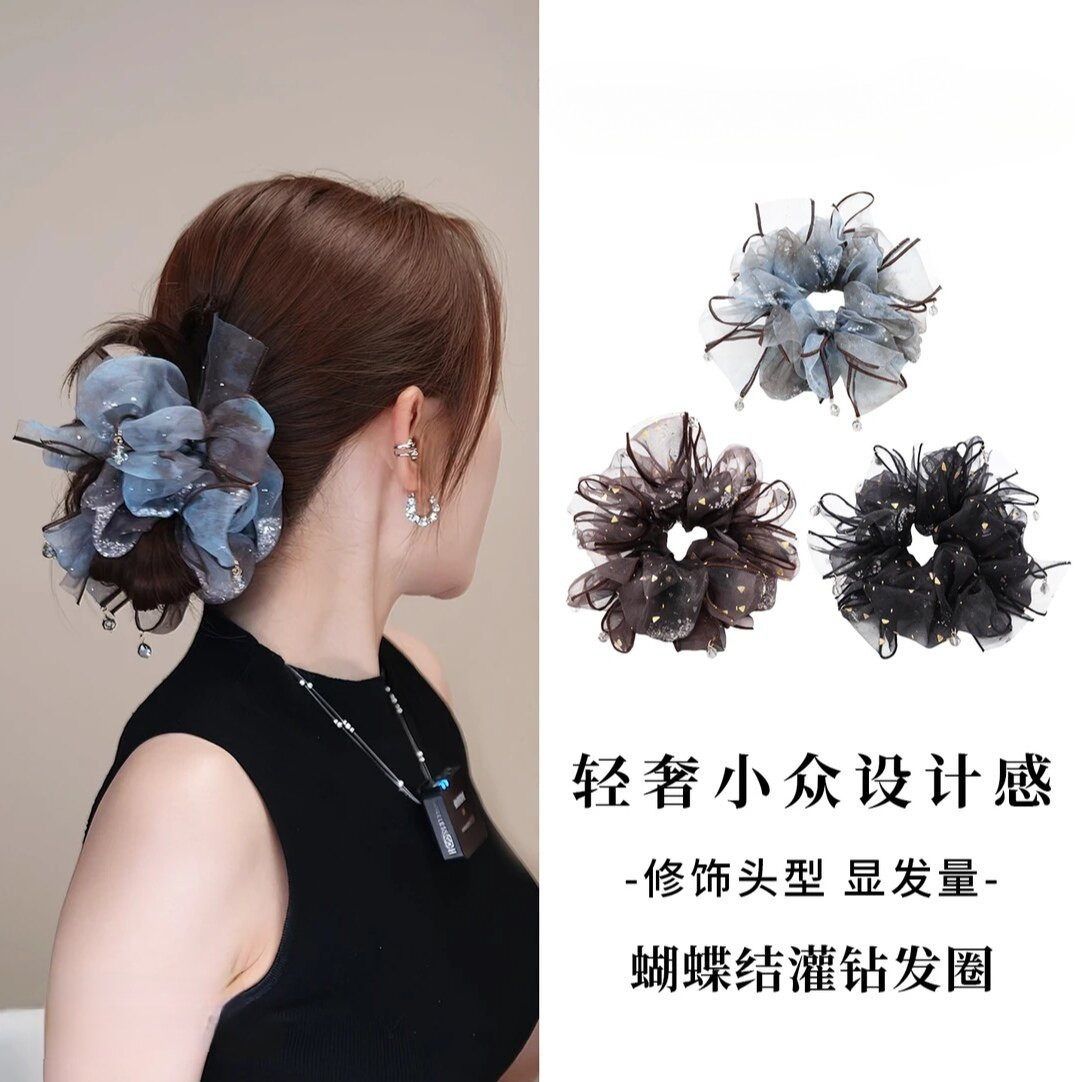 轻奢蝴蝶结满钻大肠发圈新款