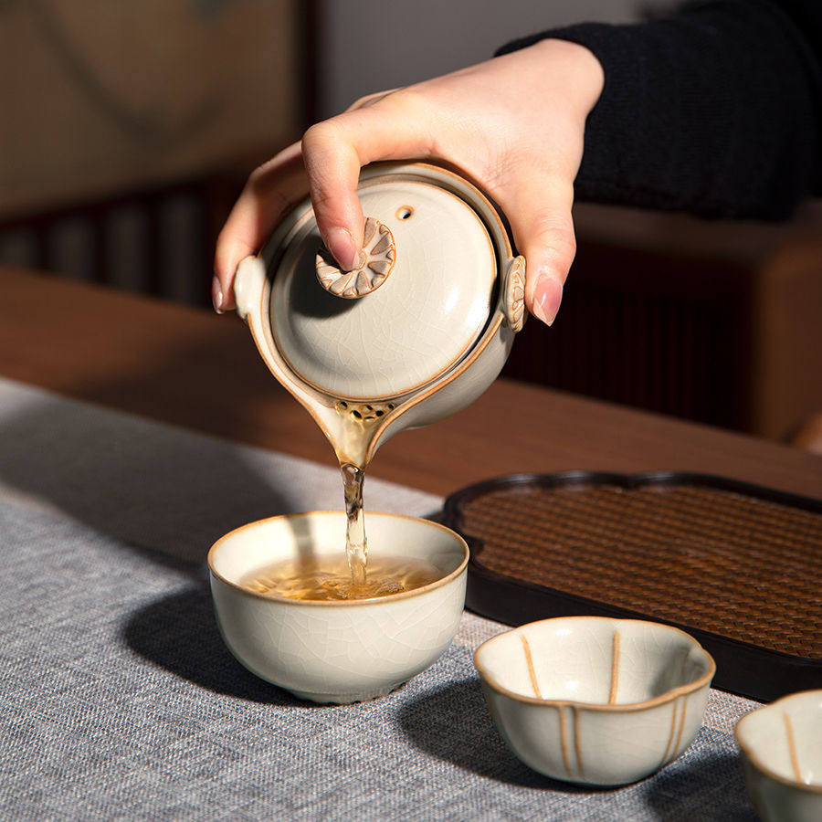 汝窑旅行茶具套装户外便携收纳包陶瓷一壶三杯功夫泡茶小套快客杯