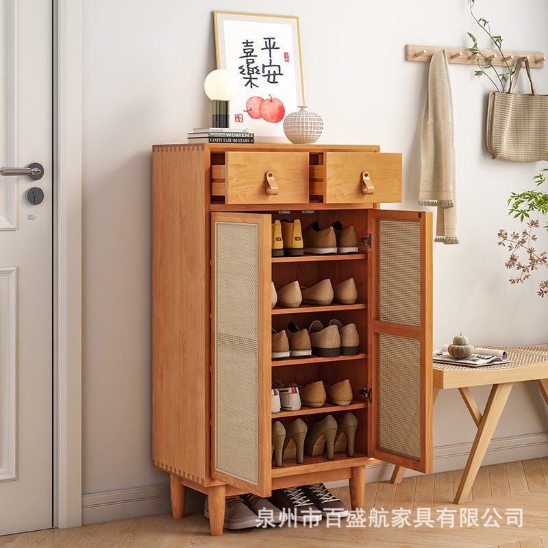 北欧实木藤编鞋柜小户型入户门口窄鞋柜客厅双开门带抽屉收纳鞋柜