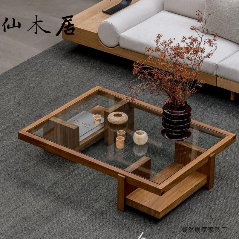 极简实木钢化玻璃方形茶几客厅家用简约现代中古风茶桌日式矮桌子