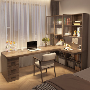 严选电脑桌转角工作台原木办公桌L型双人学习桌实木书桌书柜一体